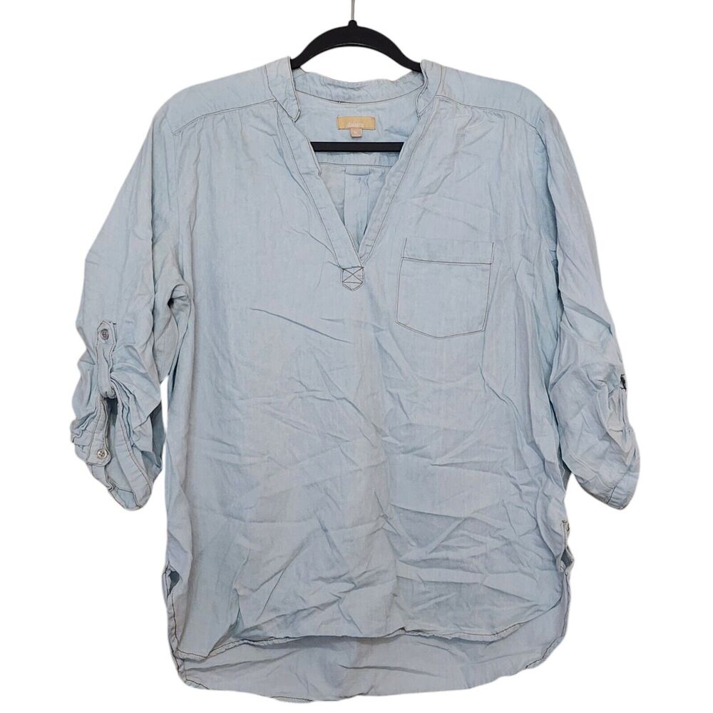 Takara Womens Split Neck Tunic Size XL Chambray 3/4 Roll Tab Sleeve Pullover Top